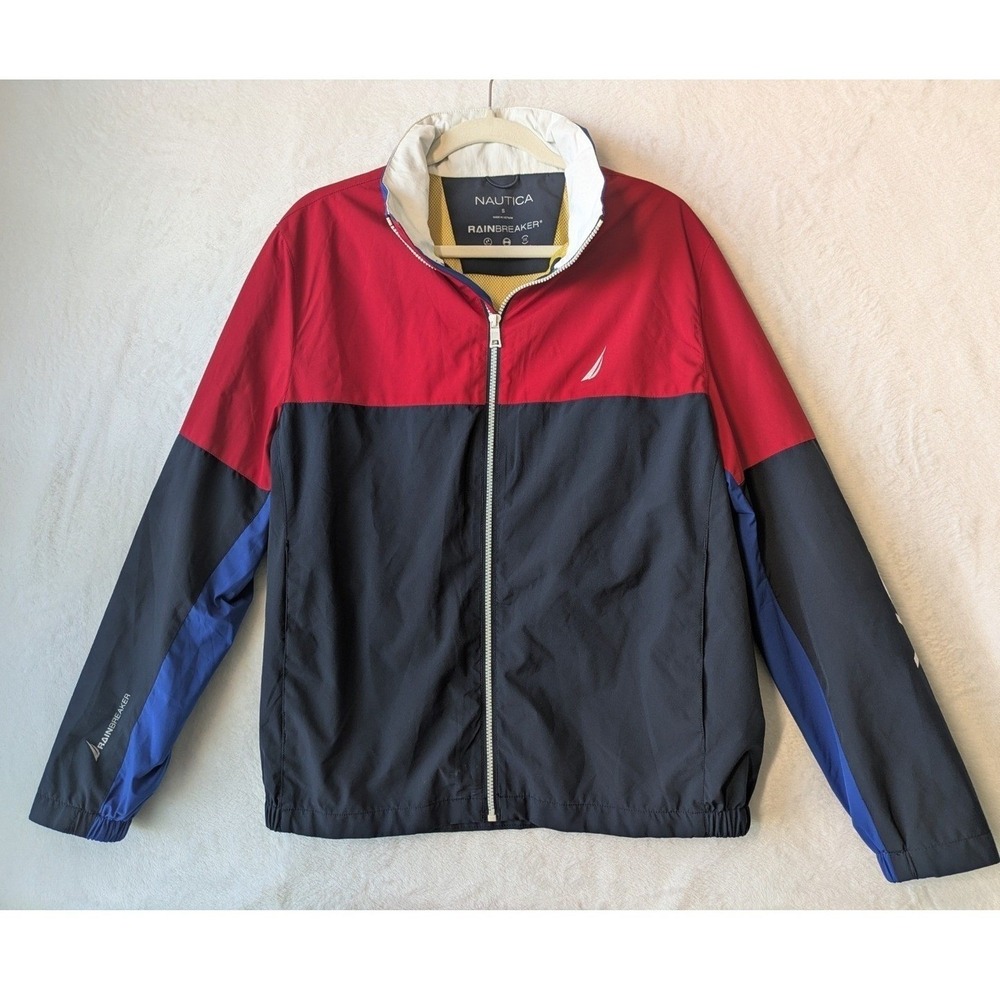 Nautica Men's Rain Jacket Small Red Blue Colorblock Waterproof Windbreaker